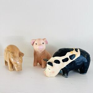 Beautiful Stone & Wooden Hand Carved & Painted Pigs Farm Animals Figurines